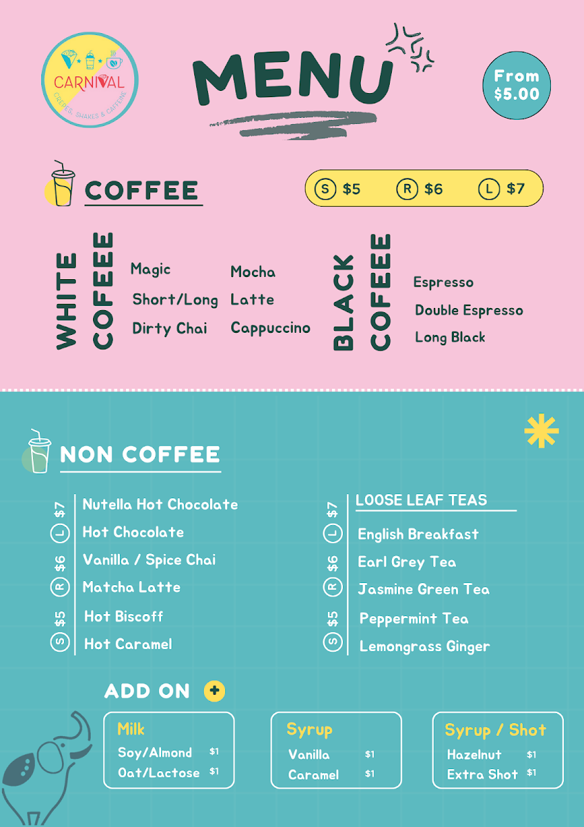 Menu, Carnival Crepes, Shakes and Caffeine
