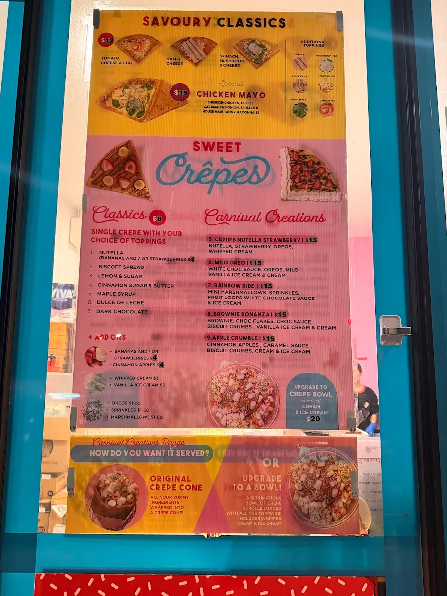Menu, Carnival Crepes, Shakes and Caffeine