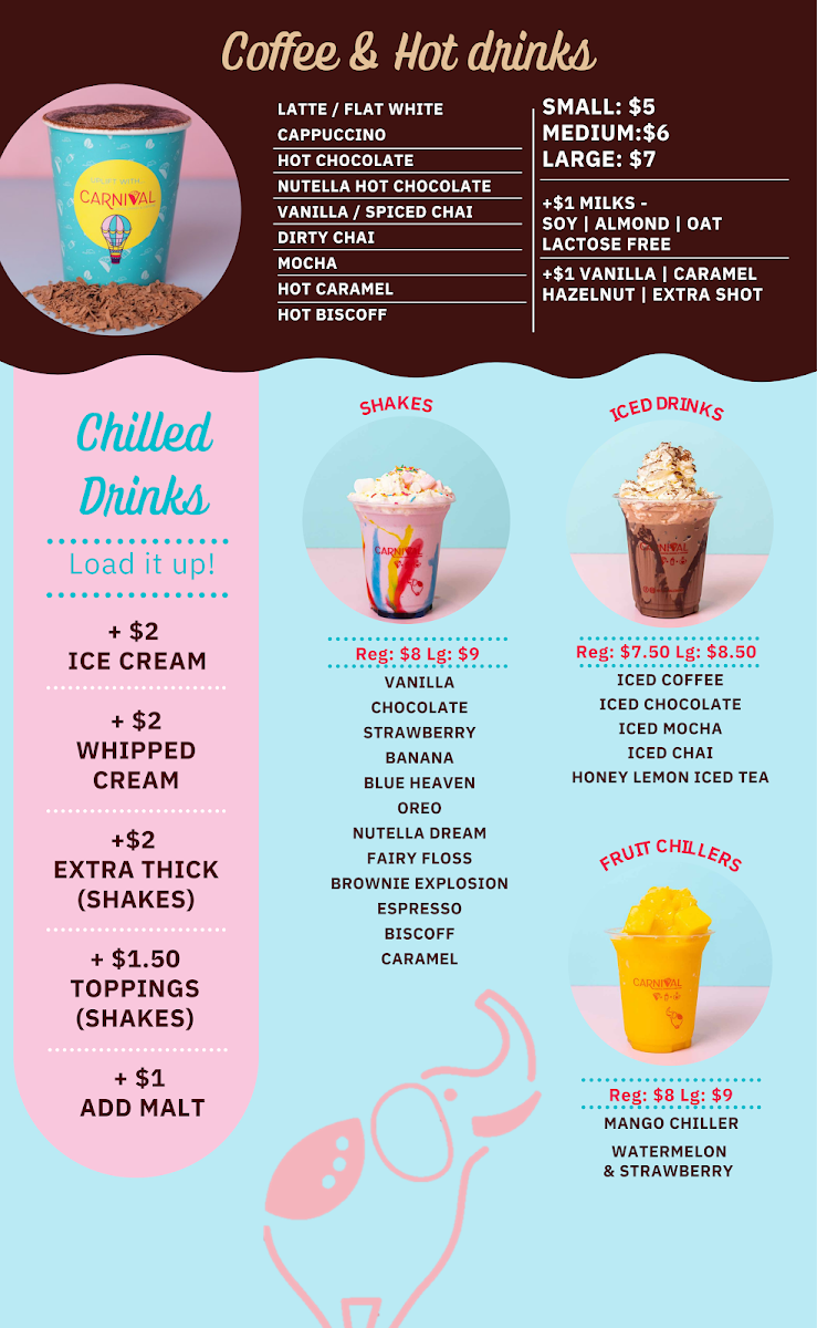 Menu, Carnival Crepes, Shakes and Caffeine