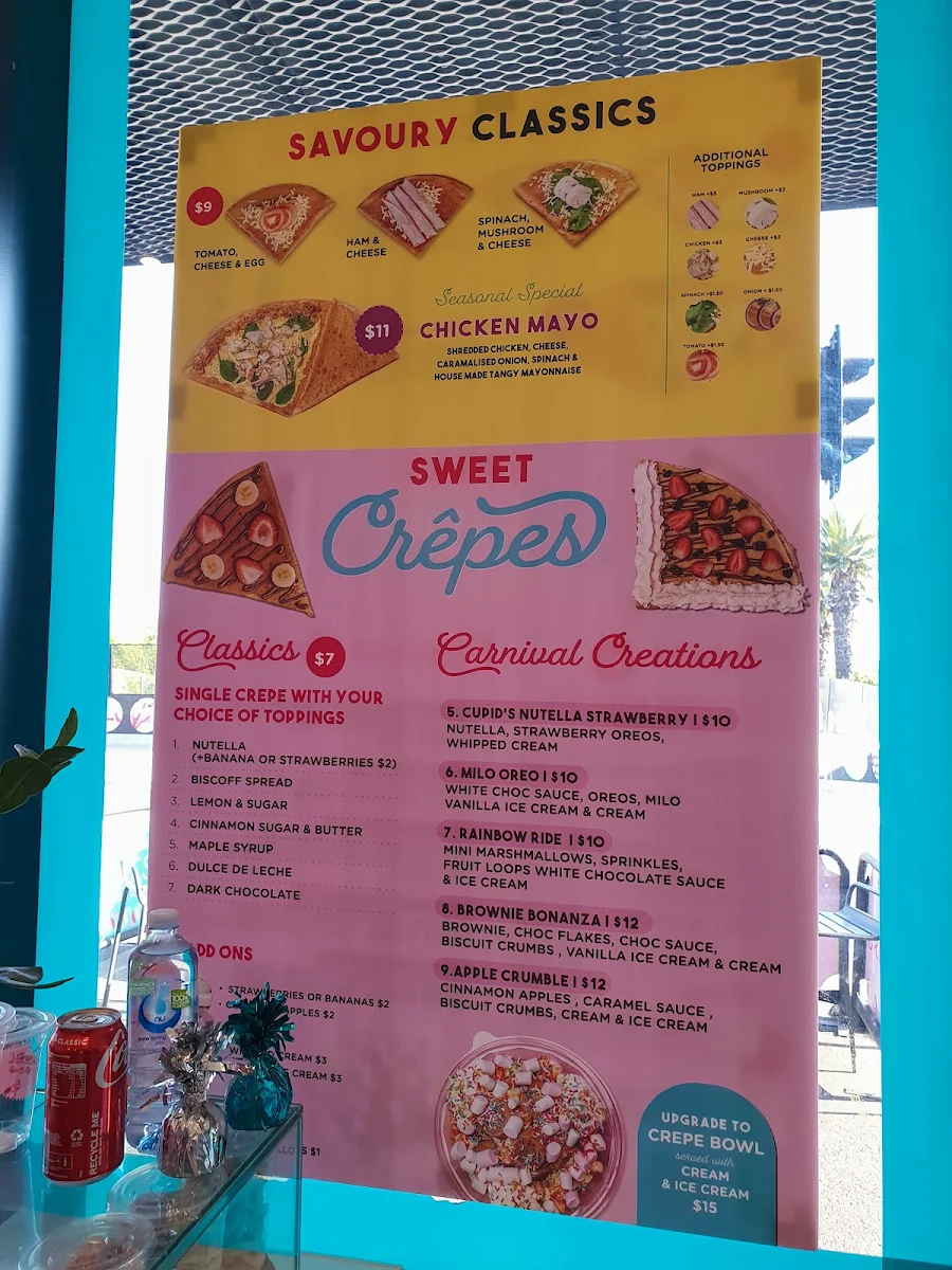 Menu, Carnival Crepes, Shakes and Caffeine