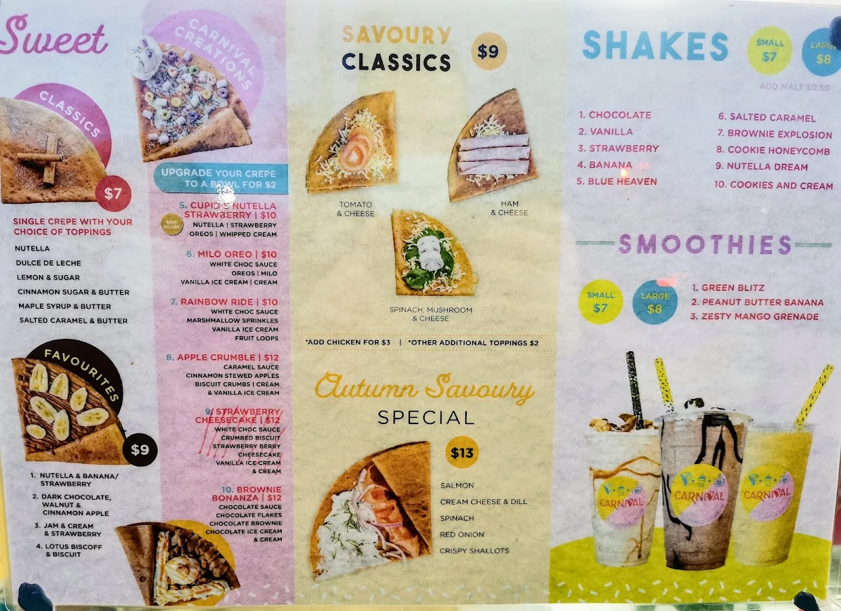 Menu, Carnival Crepes, Shakes and Caffeine