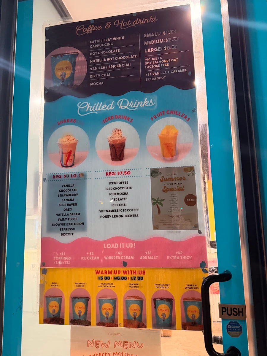 Menu, Carnival Crepes, Shakes and Caffeine