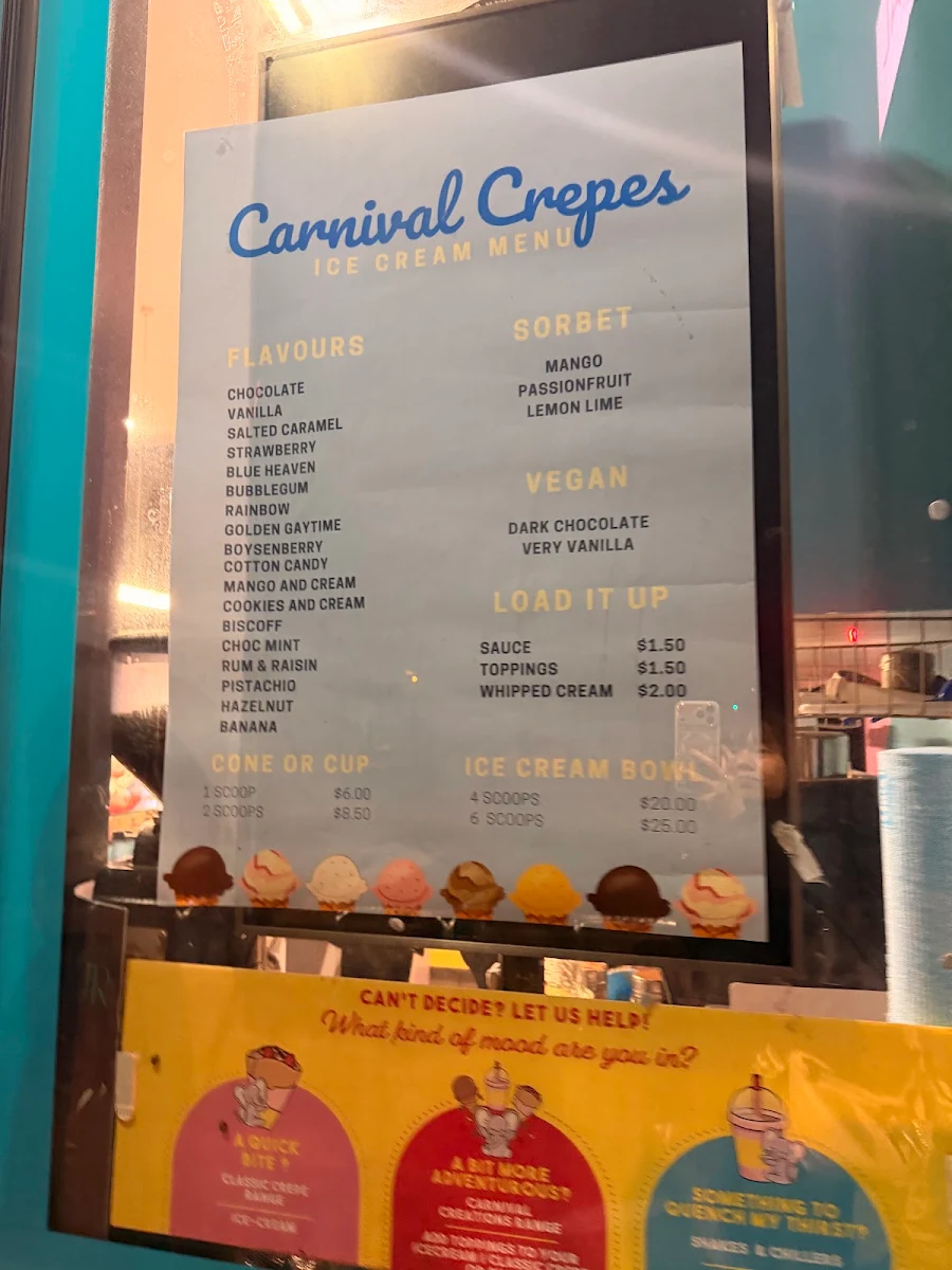 Menu, Carnival Crepes, Shakes and Caffeine