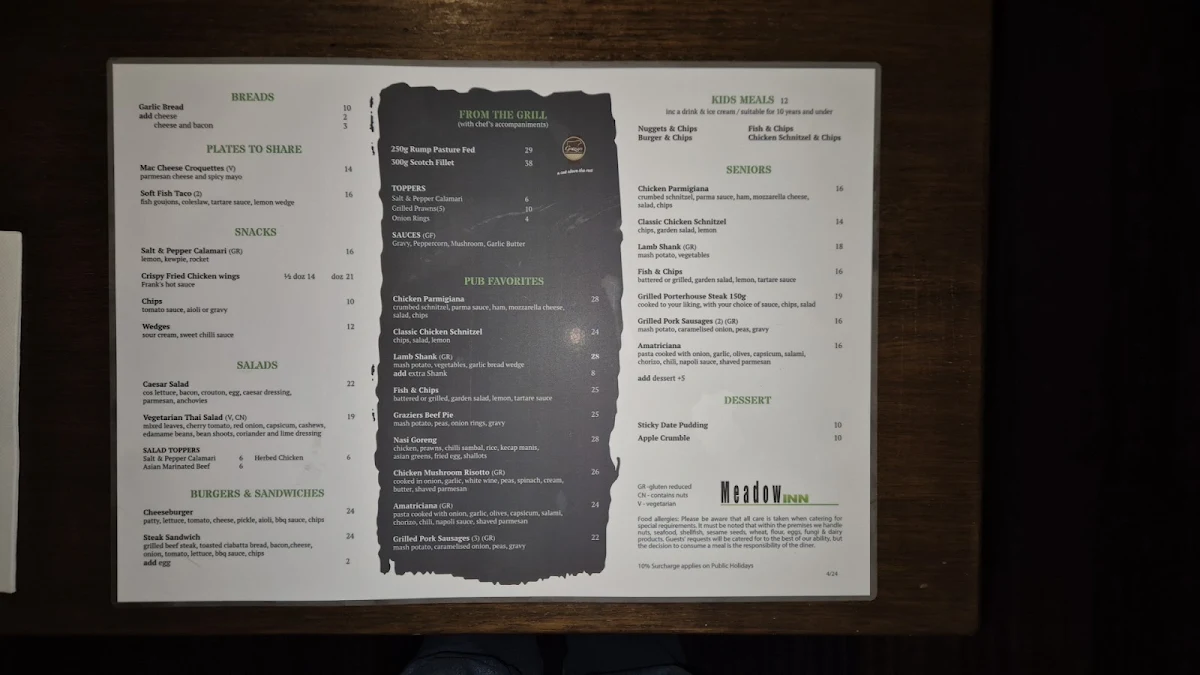 Menu, Meadow Inn Hotel-Motel