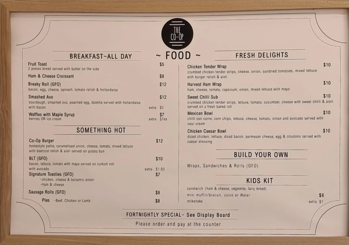 Menu, Narembeen Co-Op Cafe