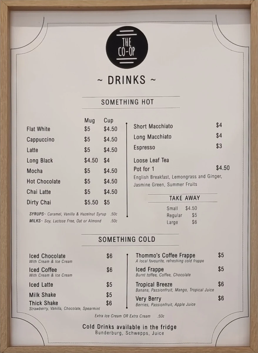Menu, Narembeen Co-Op Cafe