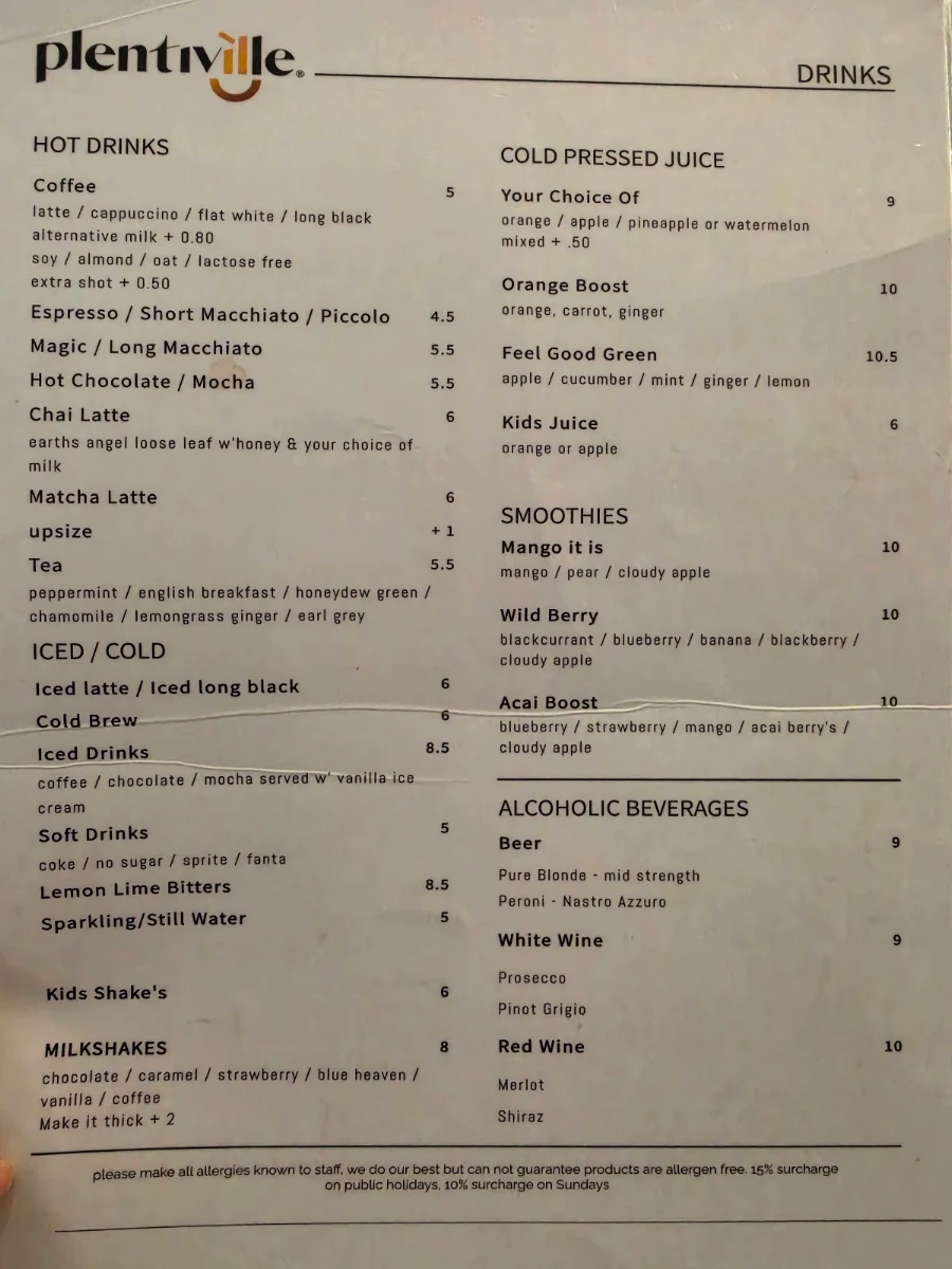 Menu, Plentiville Cafe