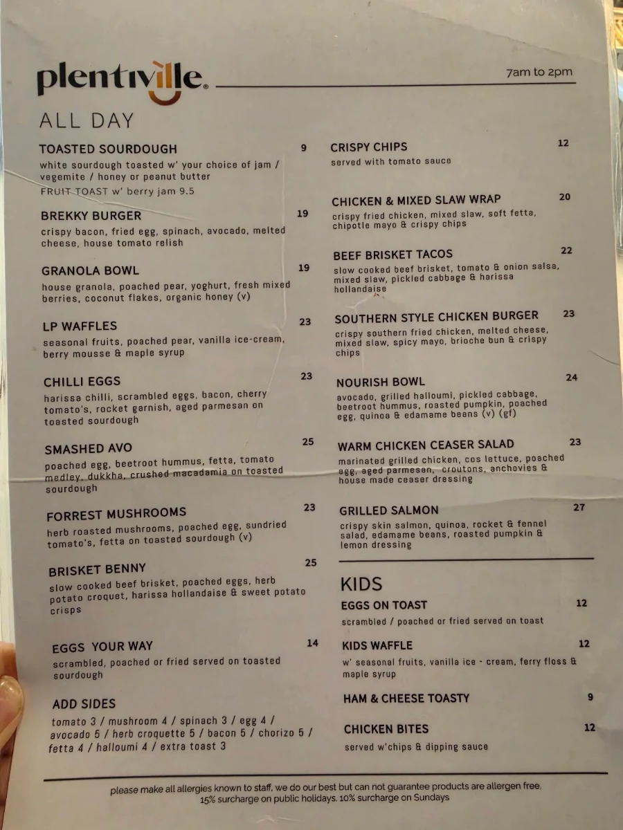 Menu, Plentiville Cafe