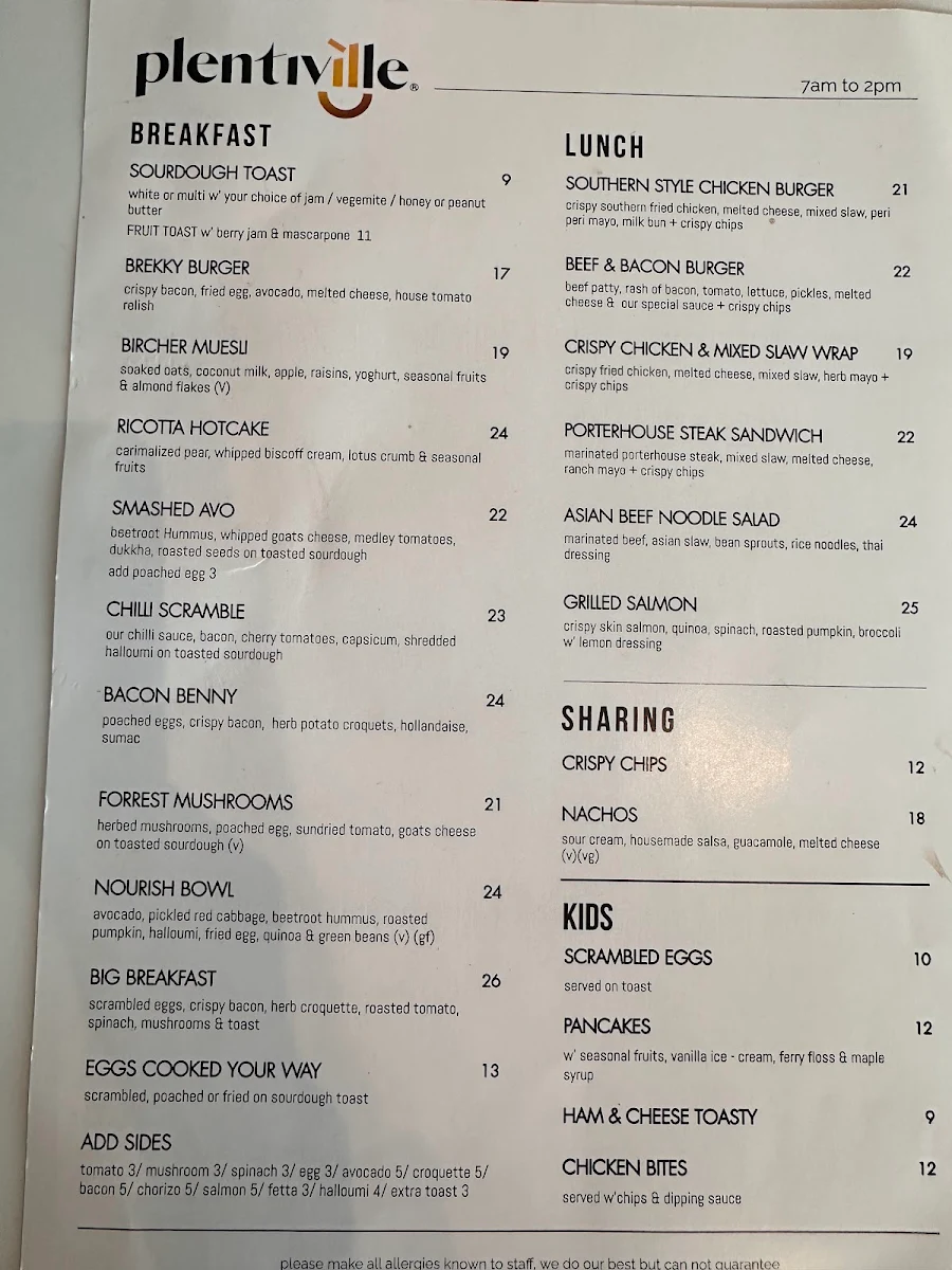 Menu, Plentiville Cafe