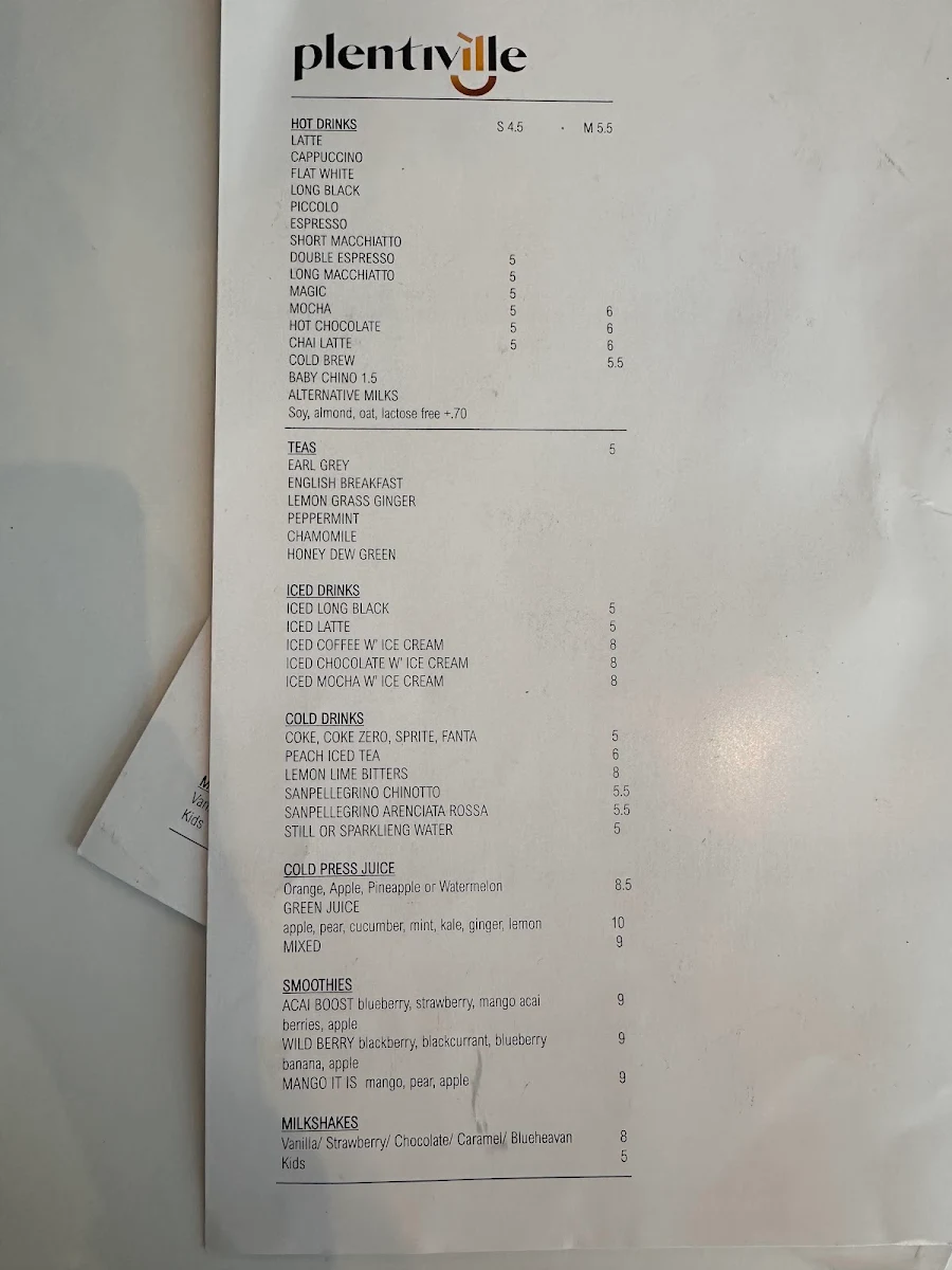 Menu, Plentiville Cafe