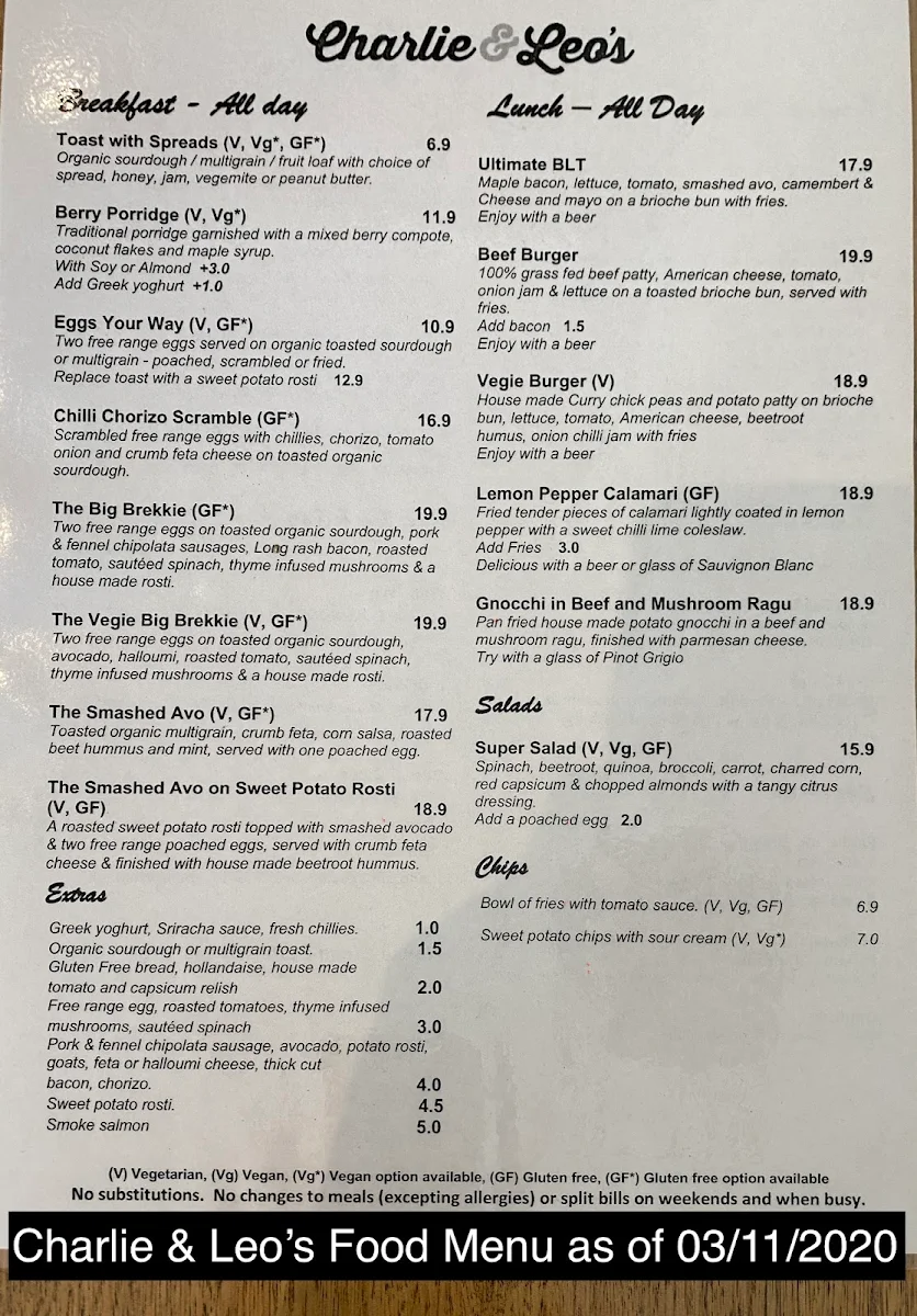 Menu, Plentiville Cafe