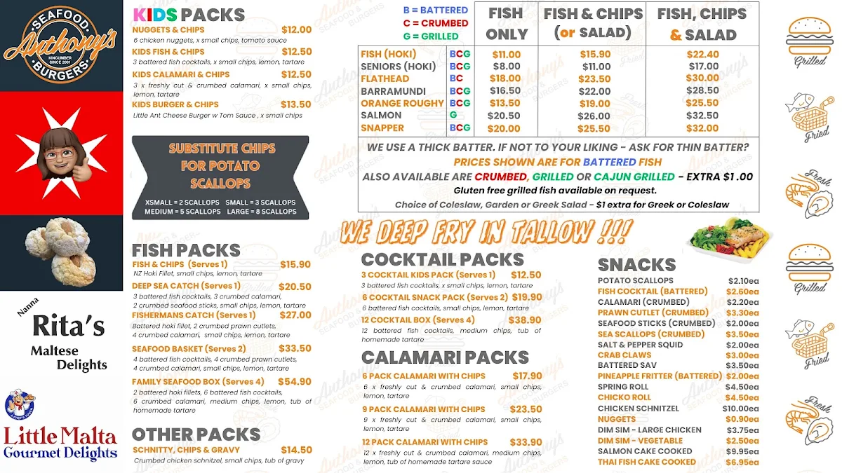 Menu, Anthony's Seafood & Burgers