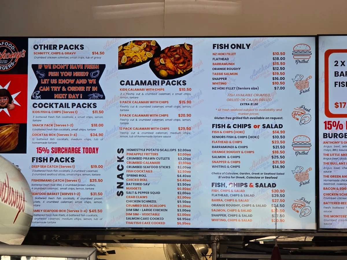 Menu, Anthony's Seafood & Burgers