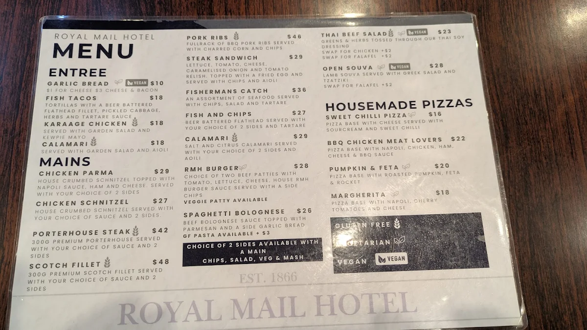 Menu, Royal Mail Hotel, Sebastopol
