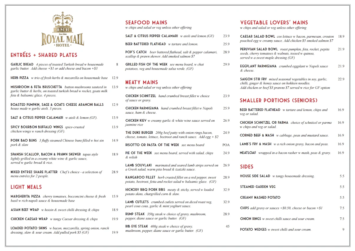 Menu, Royal Mail Hotel, Sebastopol