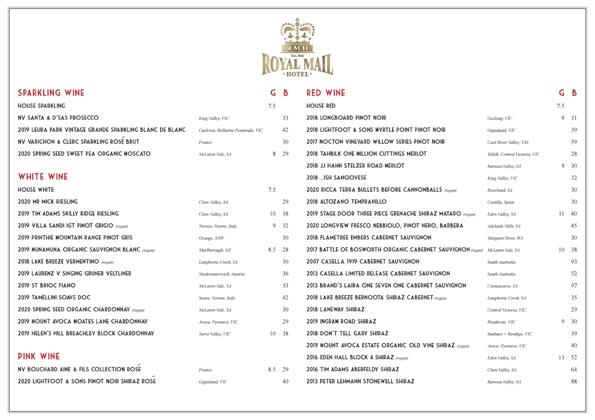 Menu, Royal Mail Hotel, Sebastopol