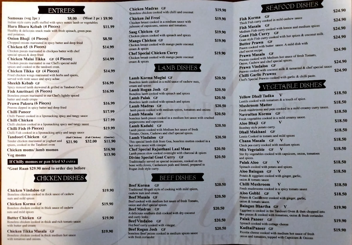 Menu, Divine Indian Restaurant