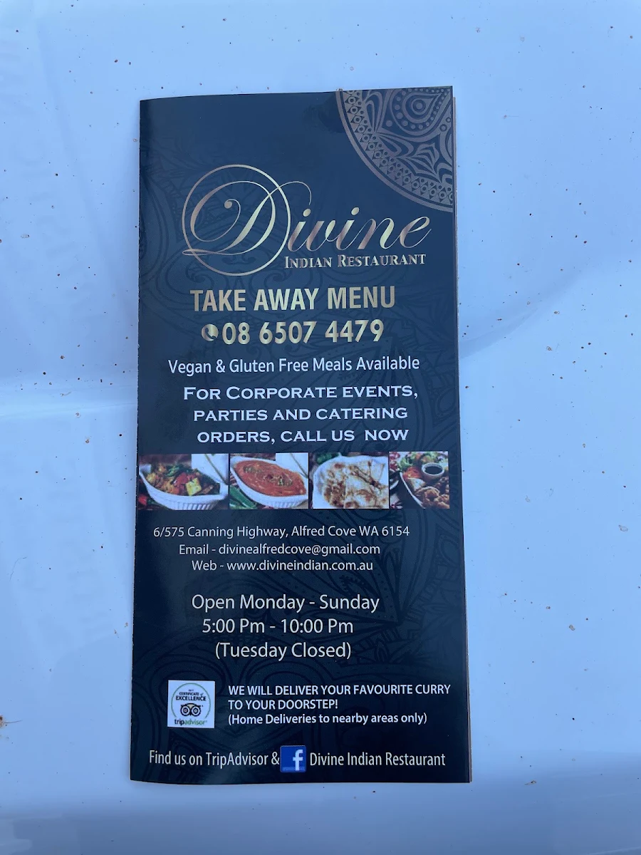 Menu, Divine Indian Restaurant