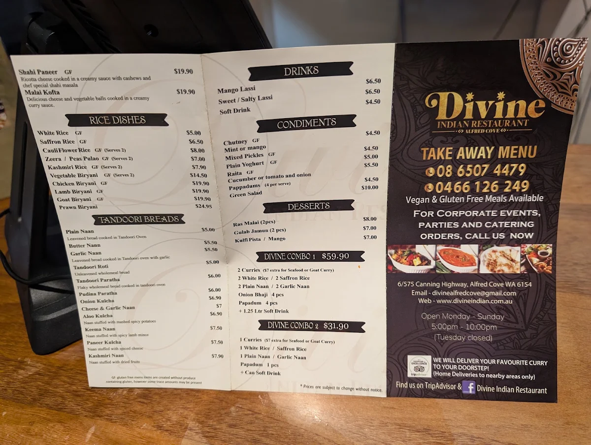 Menu, Divine Indian Restaurant