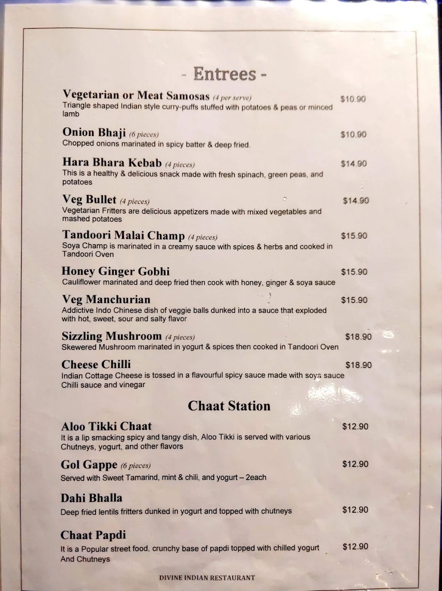 Menu, Divine Indian Restaurant