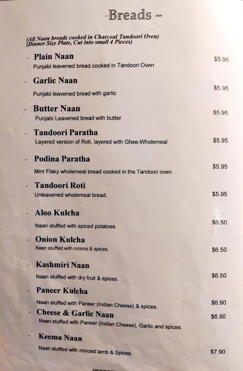 Menu, Divine Indian Restaurant