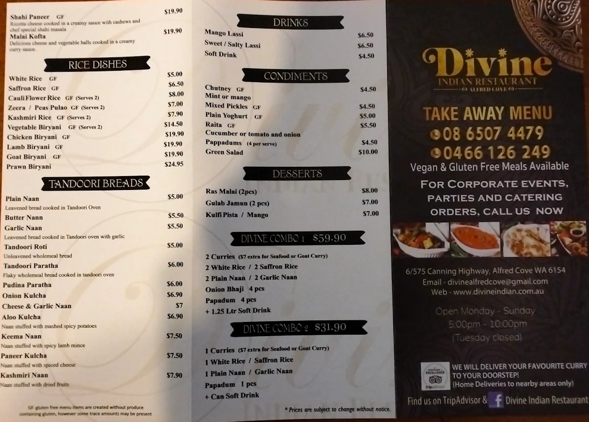 Menu, Divine Indian Restaurant