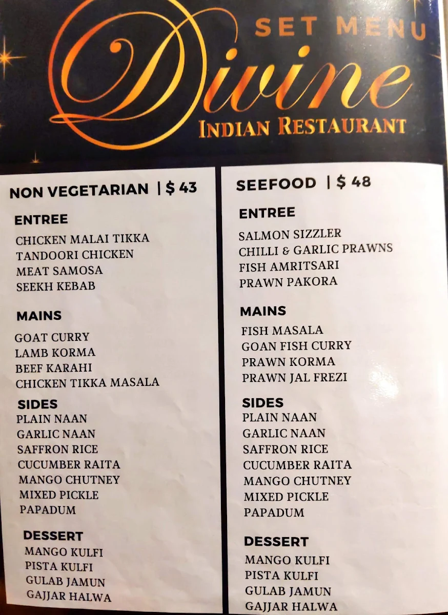 Menu, Divine Indian Restaurant