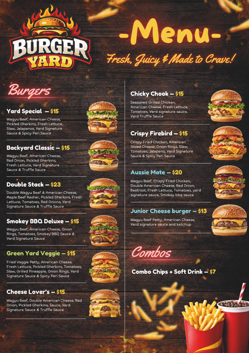 Menu, Burger Yard