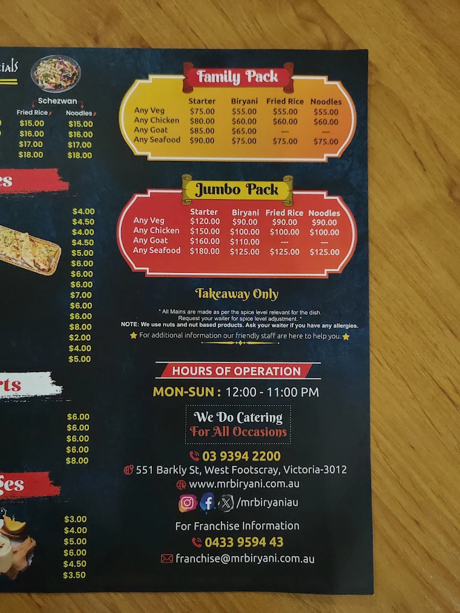 Menu, Mr.Biryani