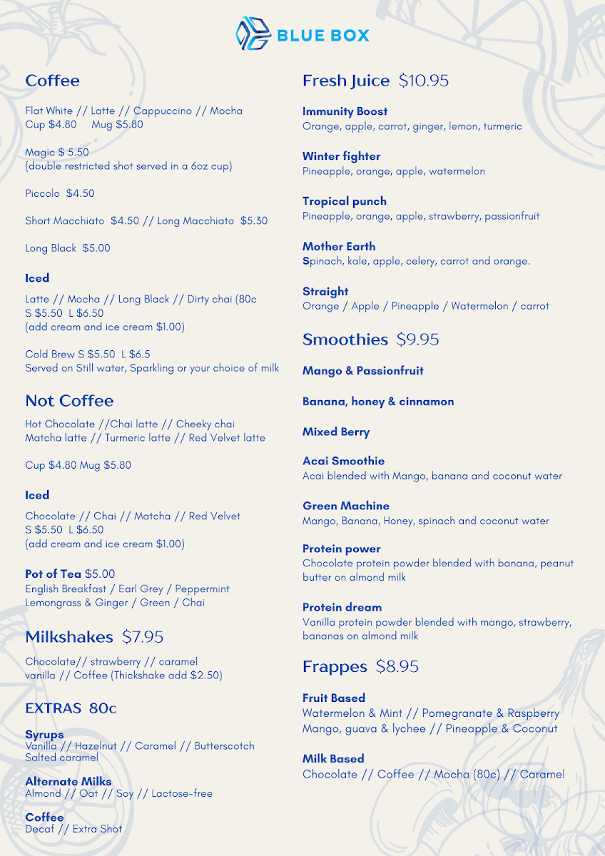 Menu, Blue Box Coffee