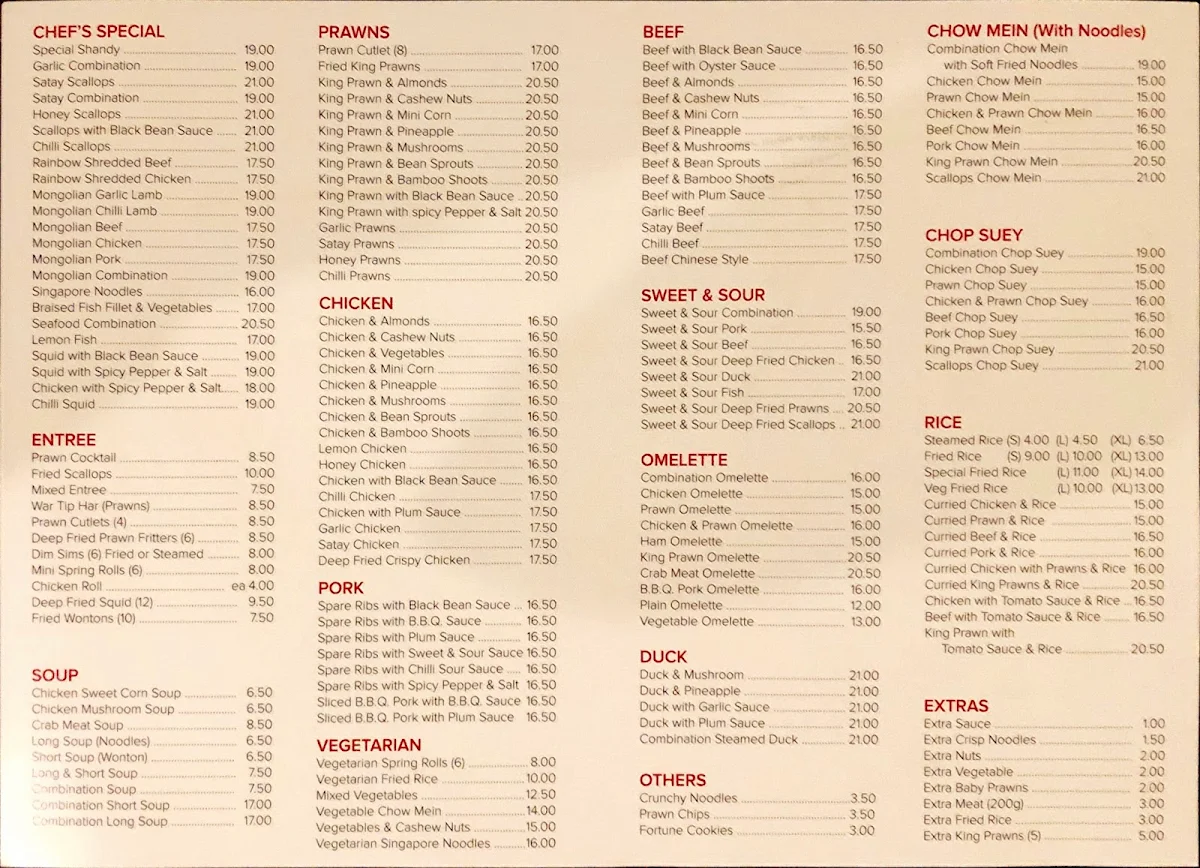 Menu, Loong Wah Restaurant