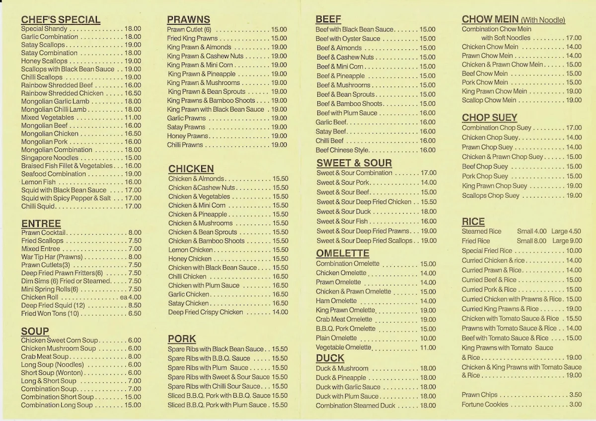 Menu, Loong Wah Restaurant