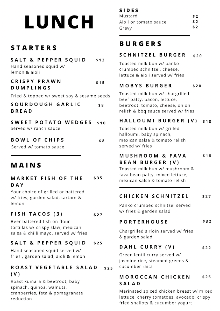 Menu, Sips At Moby's