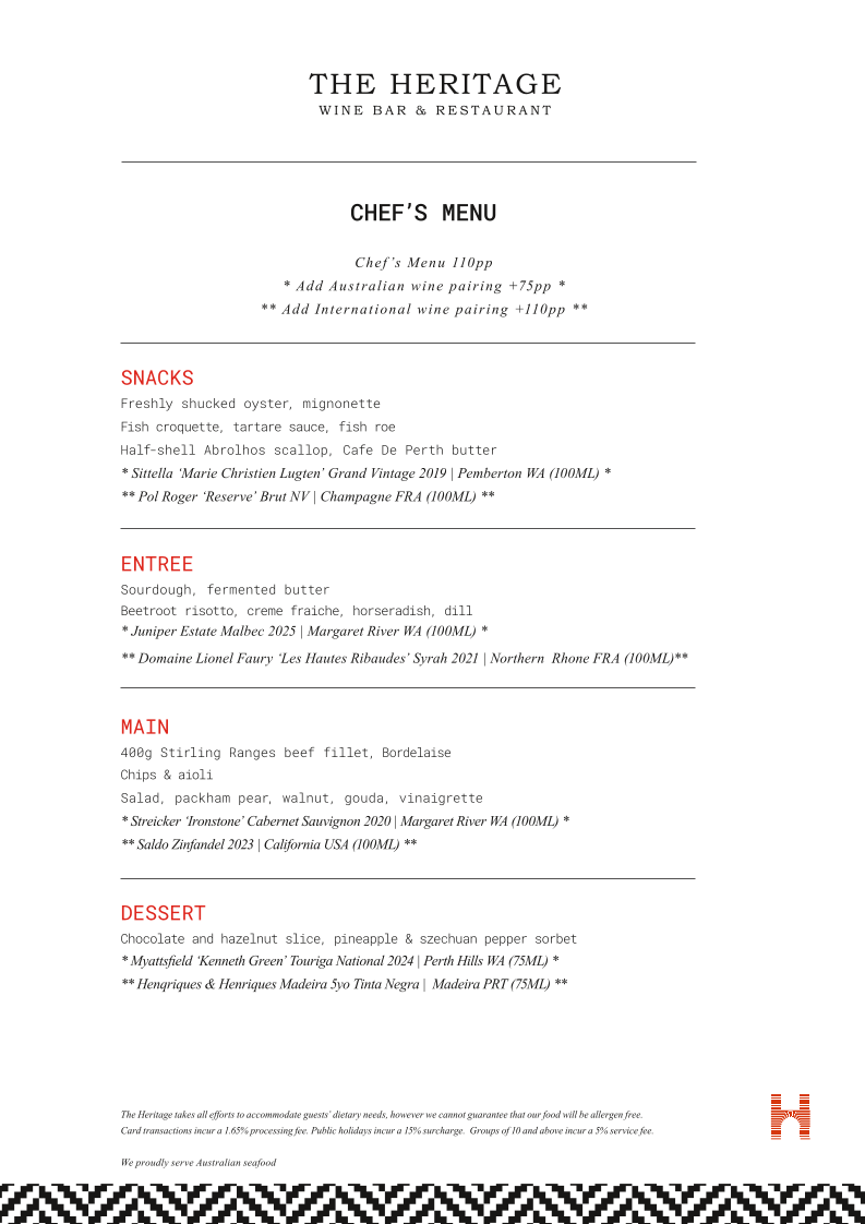 Menu, The Heritage Wine Bar & Restaurant