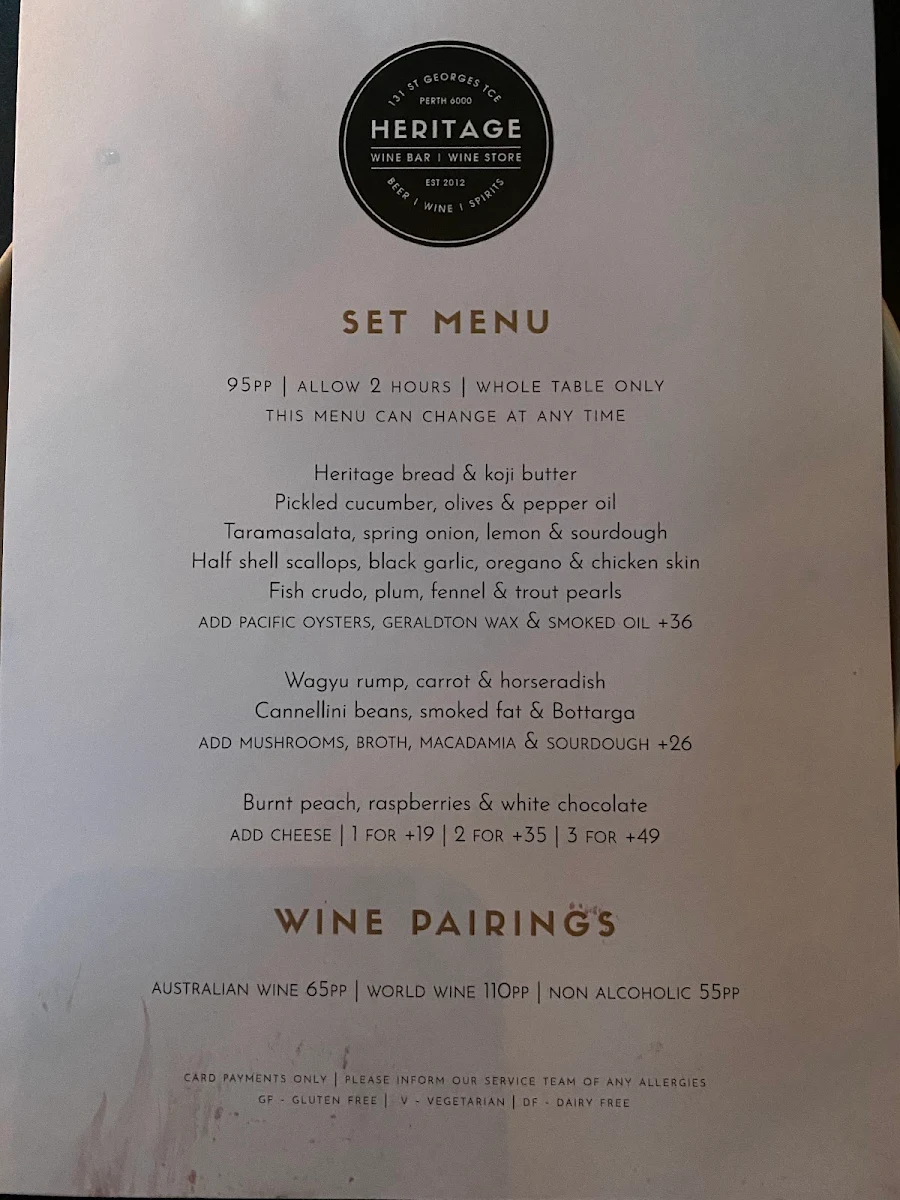Menu, The Heritage Wine Bar & Restaurant