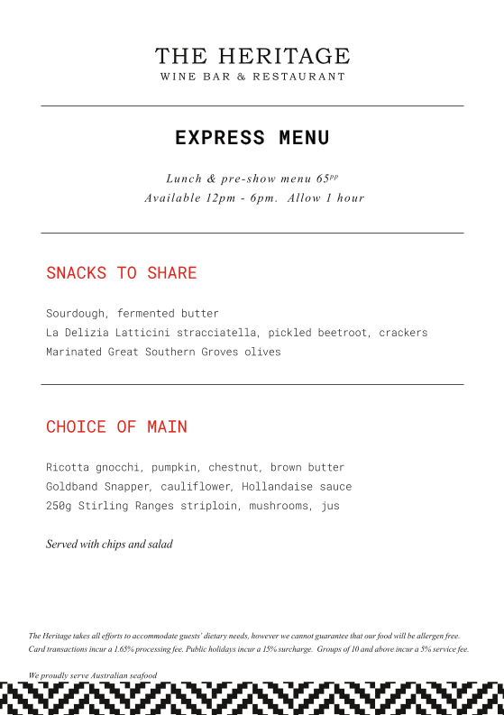 Menu, The Heritage Wine Bar & Restaurant
