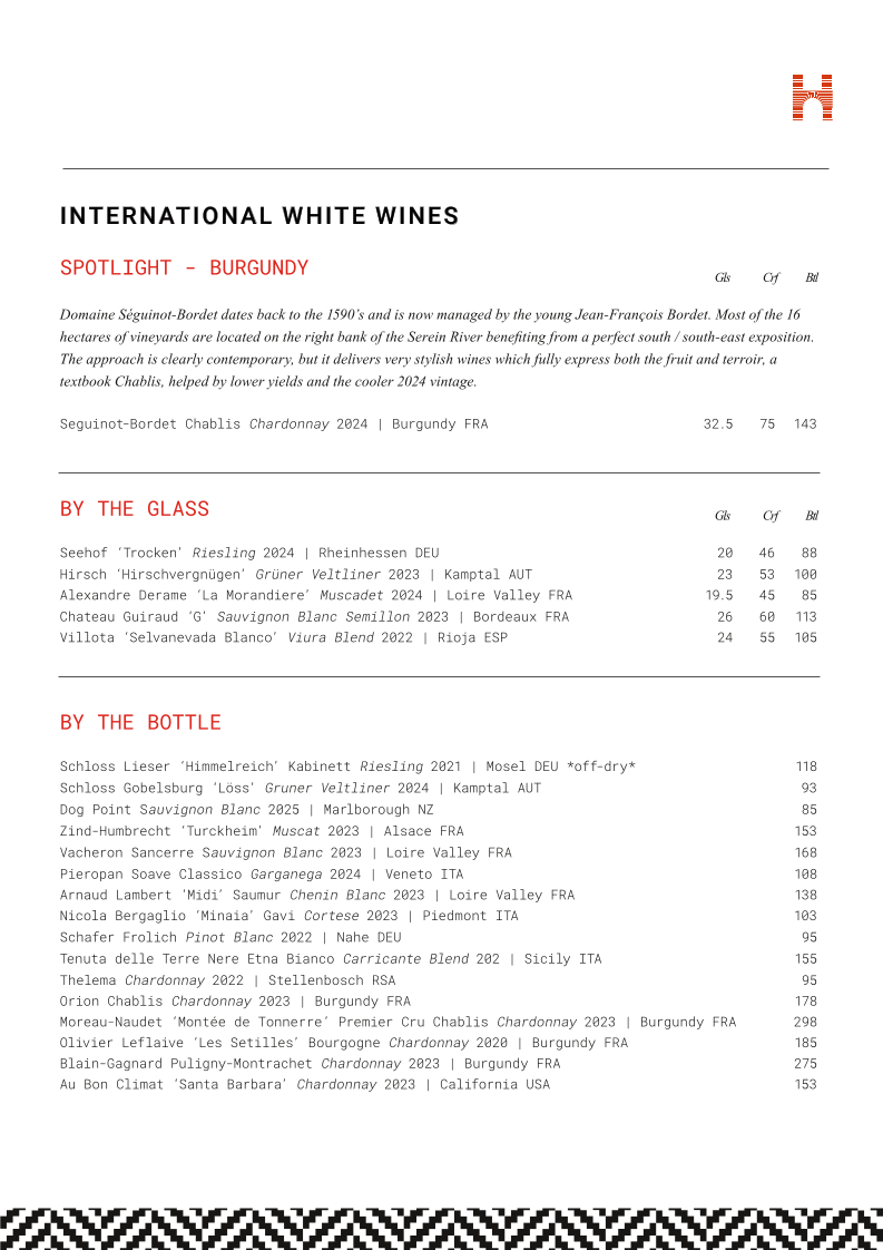 Menu, The Heritage Wine Bar & Restaurant