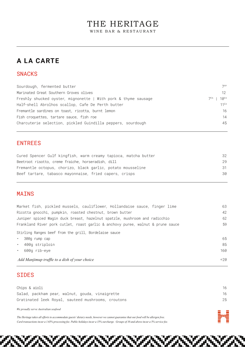 Menu, The Heritage Wine Bar & Restaurant