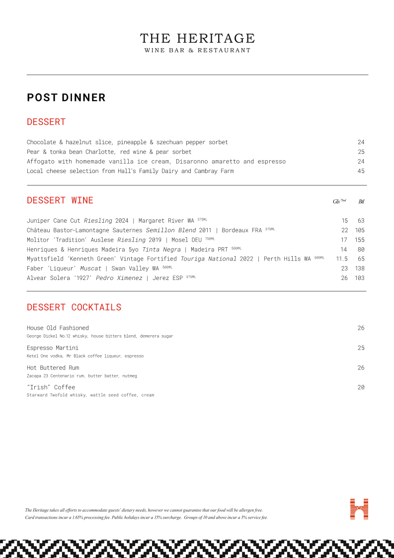 Menu, The Heritage Wine Bar & Restaurant