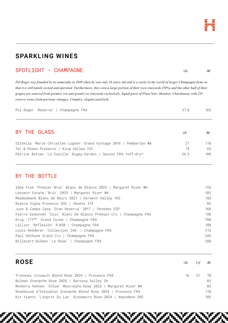 Menu, The Heritage Wine Bar & Restaurant