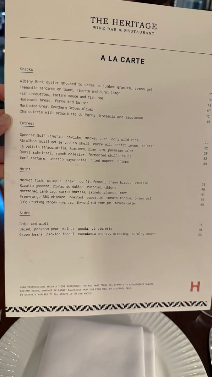 Menu, The Heritage Wine Bar & Restaurant
