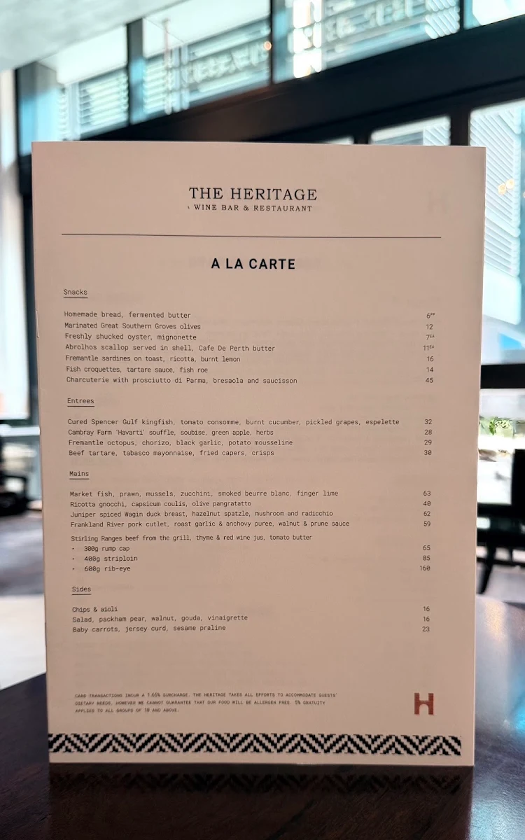 Menu, The Heritage Wine Bar & Restaurant