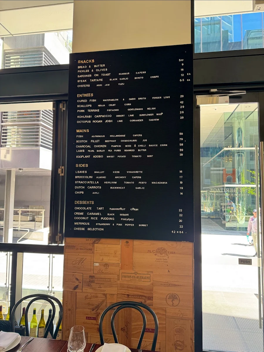 Menu, The Heritage Wine Bar & Restaurant