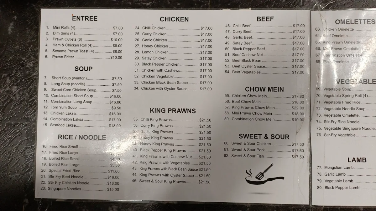 Menu, Andy's Chinese Takeaway