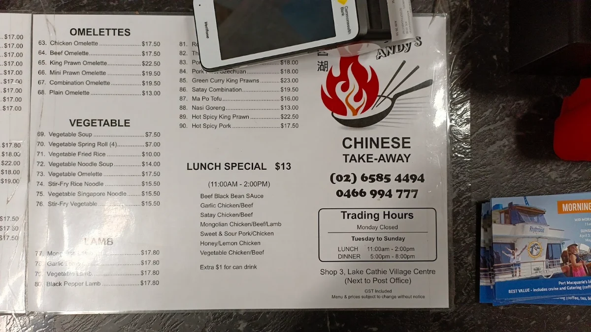 Menu, Andy's Chinese Takeaway