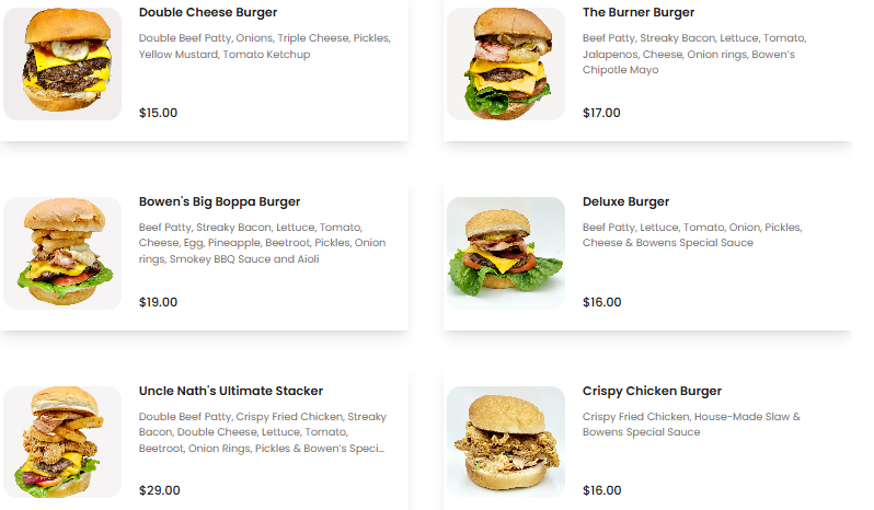 Menu, Bowen's Burgers