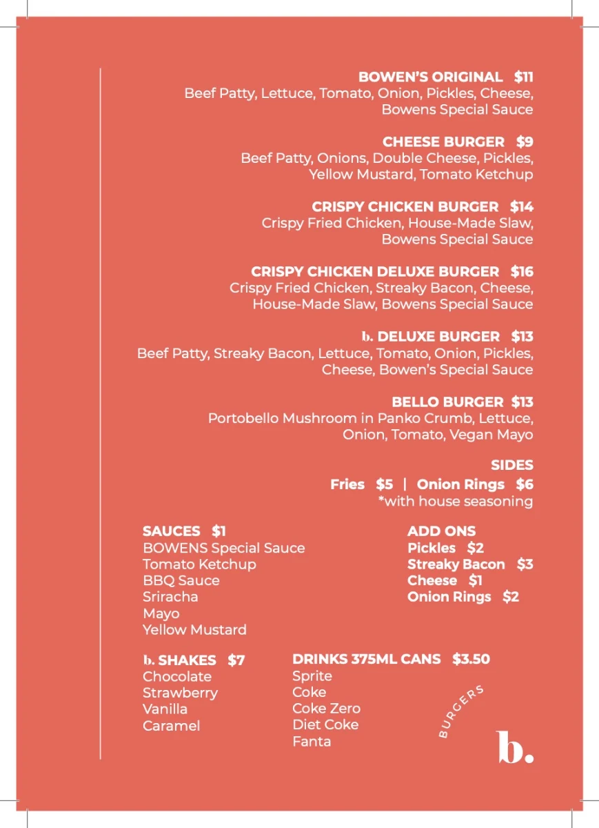 Menu, Bowen's Burgers