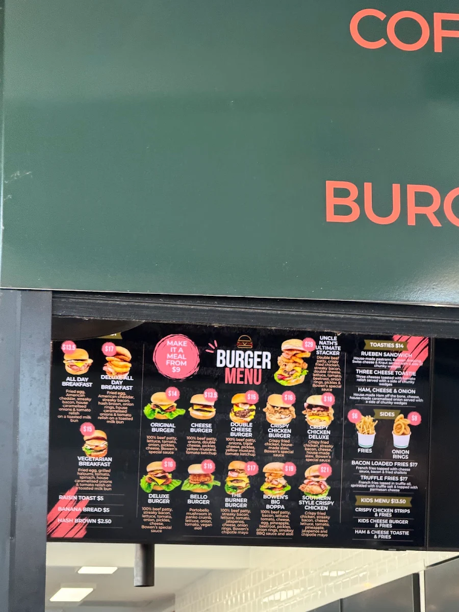 Menu, Bowen's Burgers