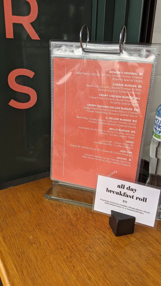 Menu, Bowen's Burgers