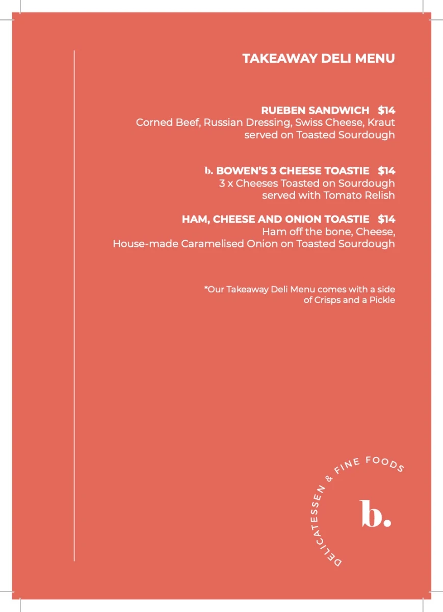 Menu, Bowen's Burgers